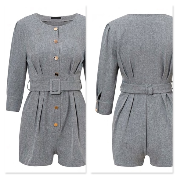 Belted Buttoned Office Grey Short Romper - Picture 5 of 9